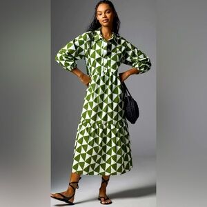 Anthropologie Green and White Bishop Sleeve Sundress